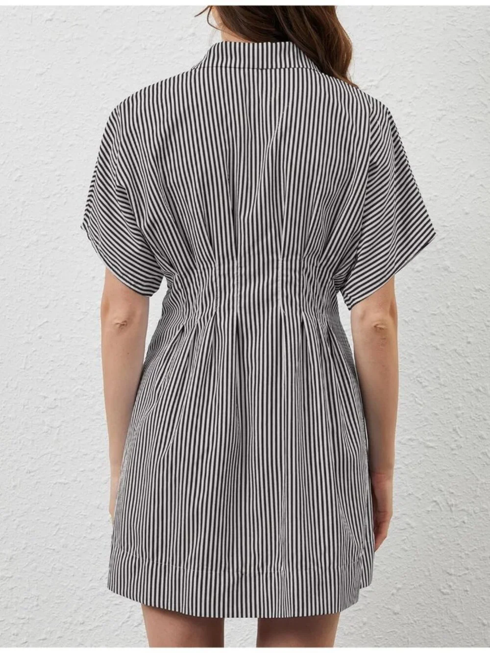 Women's Striped Black Down Short Sleeve Causal A Line Flowy Pleated Mini Dress - Picture 6 of 6